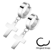 Pair of Stainless Steel Cross Crucifix Dangling Hinged Snap On Hoop Earrings